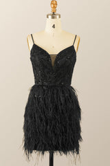 Straps Black Beaded Feather Mini Dress