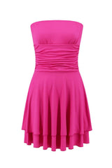 Strapless Hot Pink Ruffle Ruched Short Dress