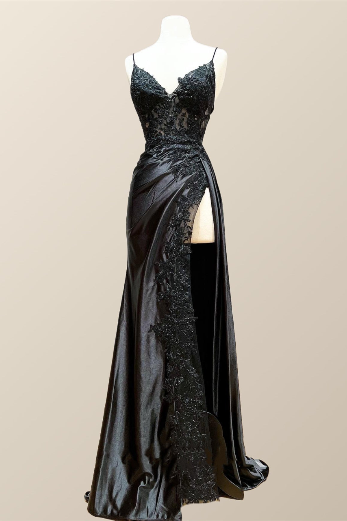 Straps Black Appliques Long Formal Dress with Slit