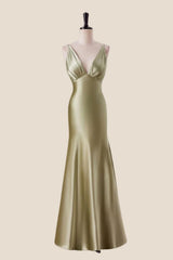 Plunge Neck Moss Green Mermaid Long Dress
