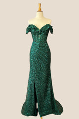 Off the Shoulder Emerald Sequin Long Dress
