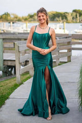 Spaghetti Straps Green Satin Mermaid Prom Dress