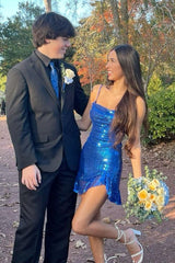 Royal Blue Ruffle Sequin Sheath Short Dress