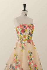 Strapless Champagne Floral A-line Tea Length Dress