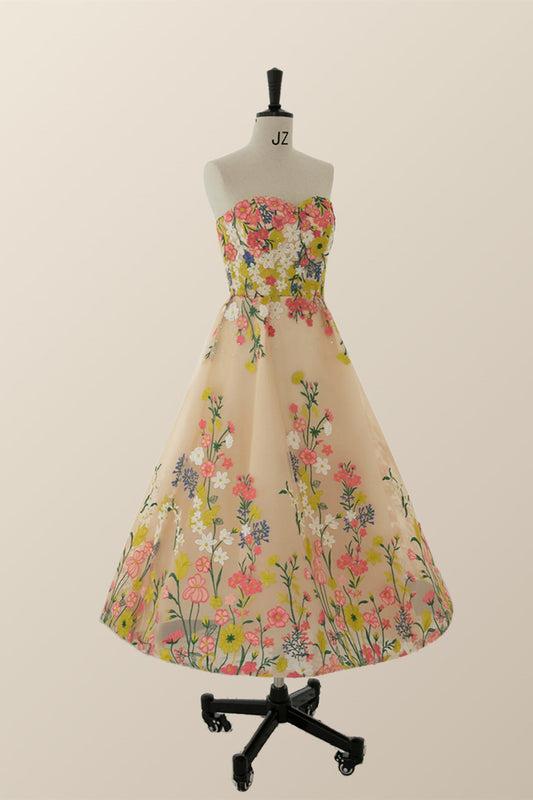 Strapless Champagne Floral A-line Tea Length Dress