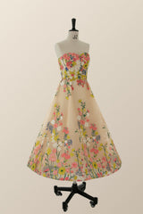 Strapless Champagne Floral A-line Tea Length Dress