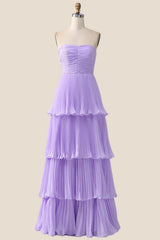 Strapless Burgundy Pleated Tiered Long Party Dress
