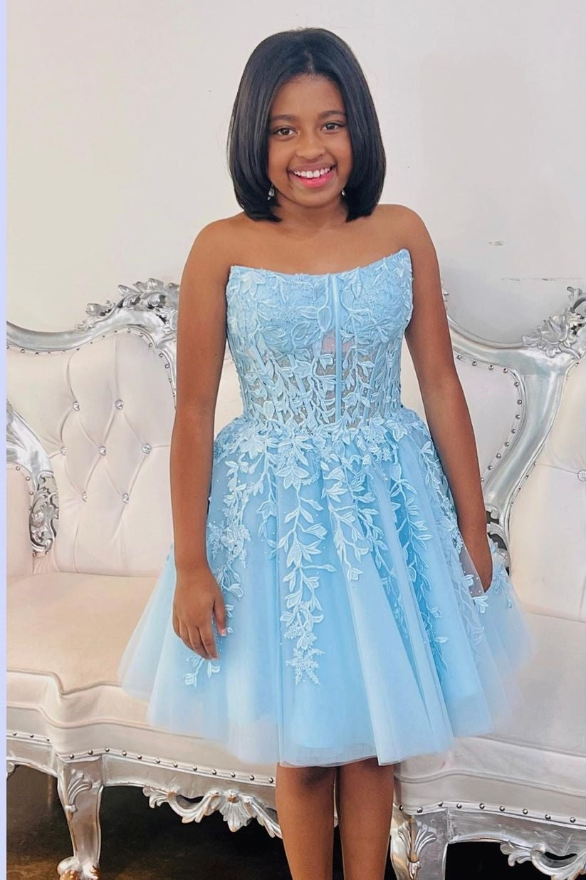 Strapless Light Blue Appliques A-line Princess Dress