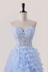 Light Blue Appliques A-line Tiered Ruffles Formal Gown
