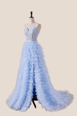 Light Blue Appliques A-line Tiered Ruffles Formal Gown