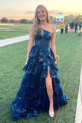 One Shoulder Navy Blue Appliques Ruffle Formal Dress