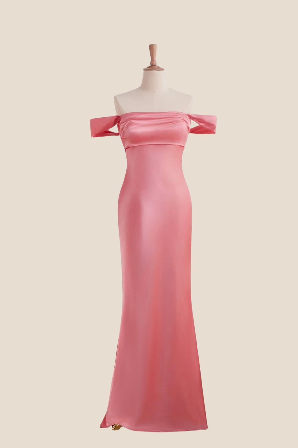 Off the Shoulder Coral Soft Satin Fitted Dress