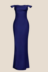 Off the Shoulder Navy Soft Satin Fitted Dress