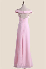 Off the Shoulder Pink Chiffon Long Bridesmaid Dress