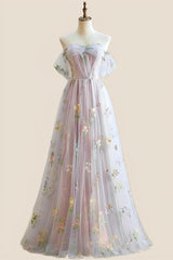 Off the Shoulder Pink Floral Tulle Princess Dress