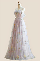 Off the Shoulder Pink Floral Tulle Princess Dress