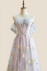 Off the Shoulder Pink Floral Tulle Princess Dress