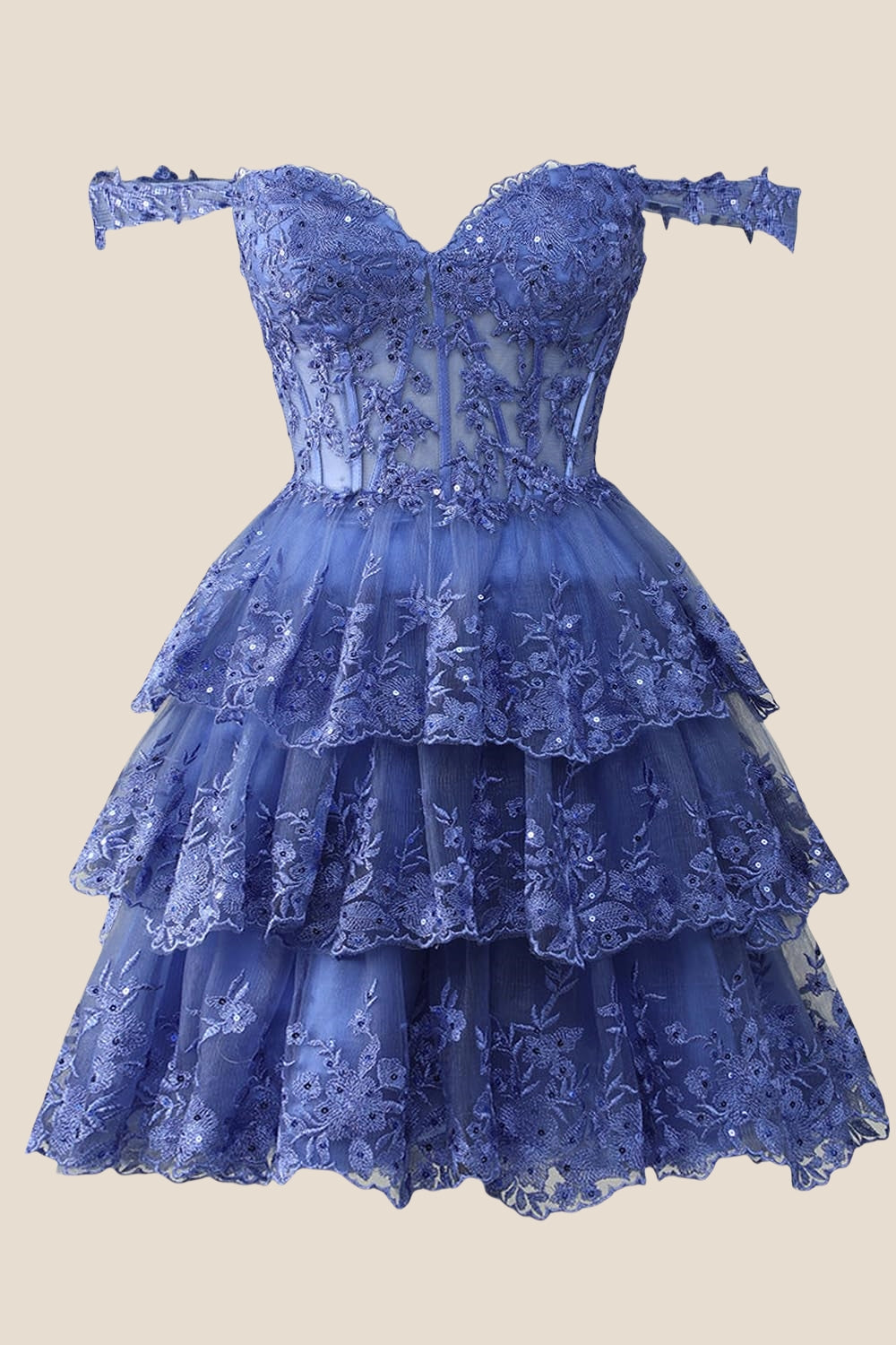 Navy Lace Appliques Ruffle A-line Dress