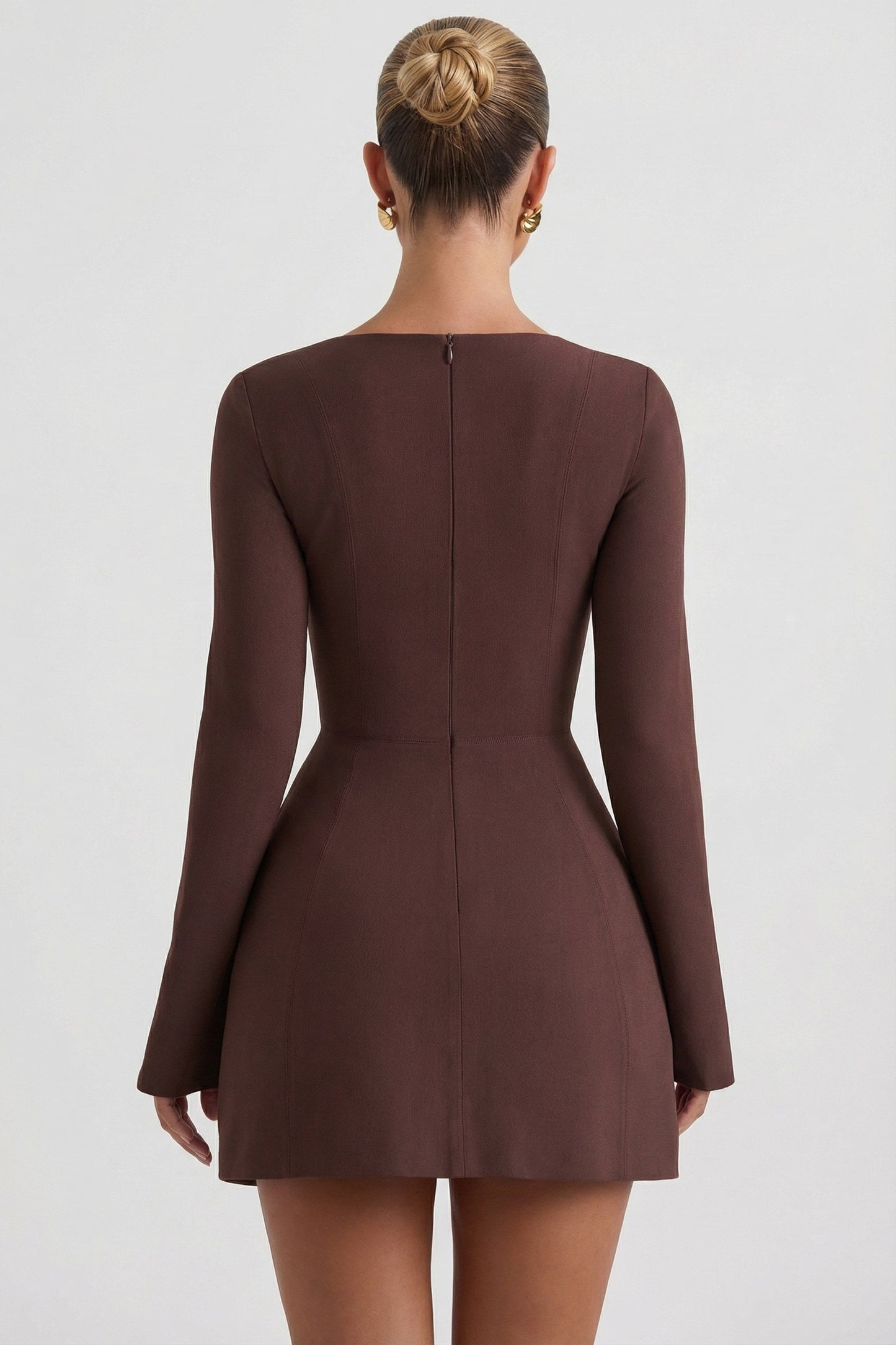 Square-Neck Structured Tulip Mini Dress in Chocolate Brown