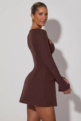 Square-Neck Structured Tulip Mini Dress in Chocolate Brown