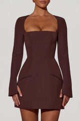 Square-Neck Structured Tulip Mini Dress in Chocolate Brown