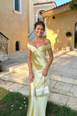 Off the Shoulder Sage Green Soft Satin Fitted Dress