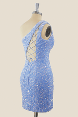 One Shoulder Light Blue Sequin Tight Mini Dress