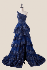 One Shoulder Navy Blue Appliques Ruffles Long Formal Dress