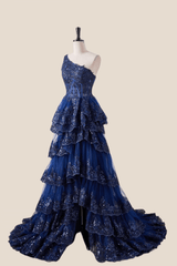 One Shoulder Navy Blue Appliques Ruffles Long Formal Dress