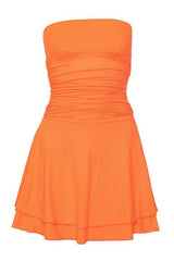 Strapless Orange Ruffle Ruched Short Dress
