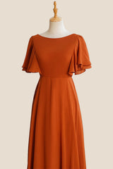 Orange Chiffon Scoop Ruffle Sleeves A-line Long Bridesmaid Dress