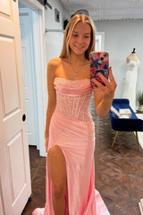 Strapless Pink Appliques Mermaid Long Dress