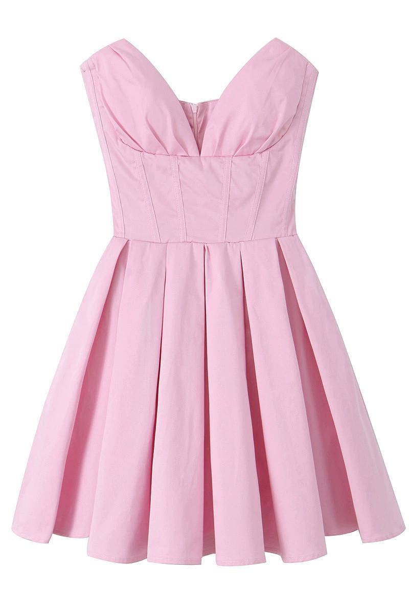 V-neck Pink Pleated Short Party Dress