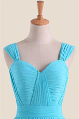 Blue Chiffon Pleated A-line Long Bridesmaid Dress