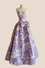 Blue Floral Strapless A-line Bow Prom Dress