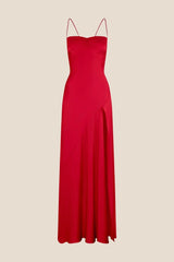 Spaghetti Straps Red Long Dress with Slit