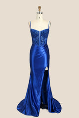 Royal Blue Appliques Ruched Mermaid Long Formal Dress