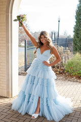 Light Blue Tiered Ruffle Long Ball Gown with Straps