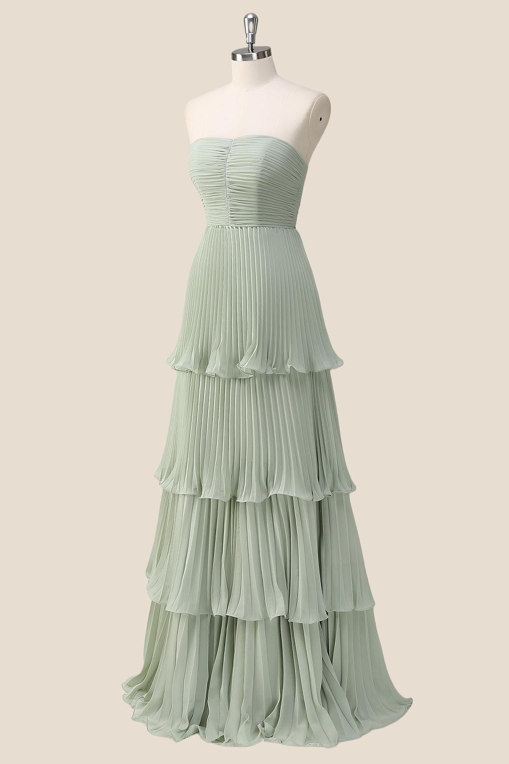Strapless Sage Pleated Tiered Long Party Dress
