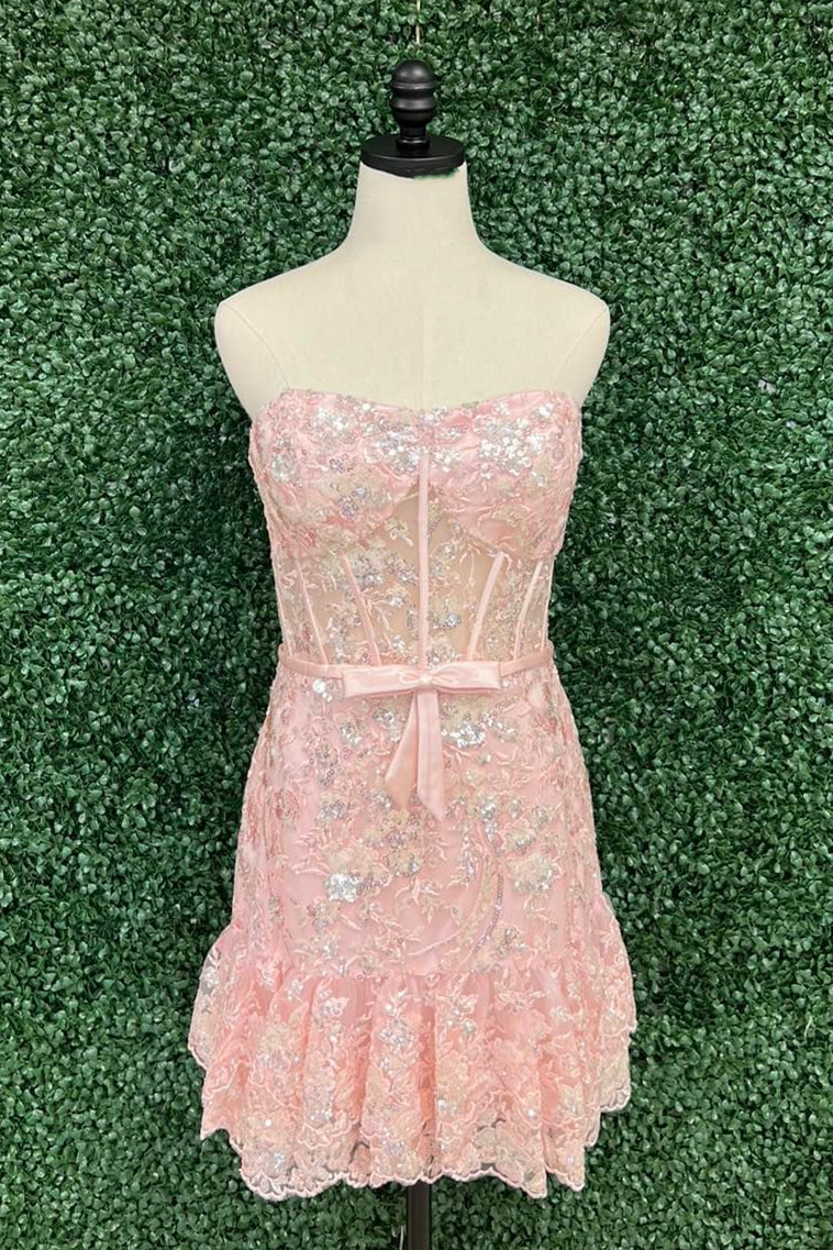 Strapless Pink Sequin Mermaid Mini Dress