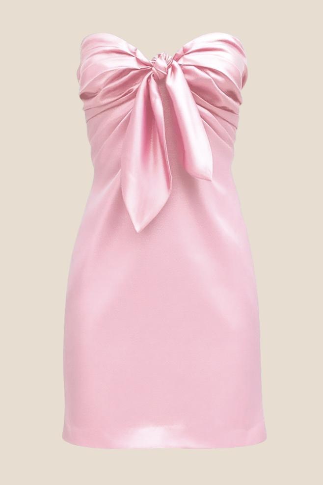 Strapless Pink Tie Front Short Dress