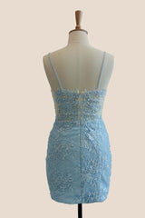 Light Blue Straps Appliques Fitted Short Dress