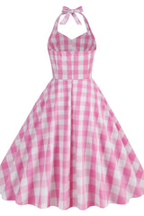 Halter Pink Plaid Gingham Swing Dress